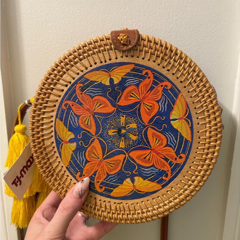 Round Woven Bag with Butterfly Design